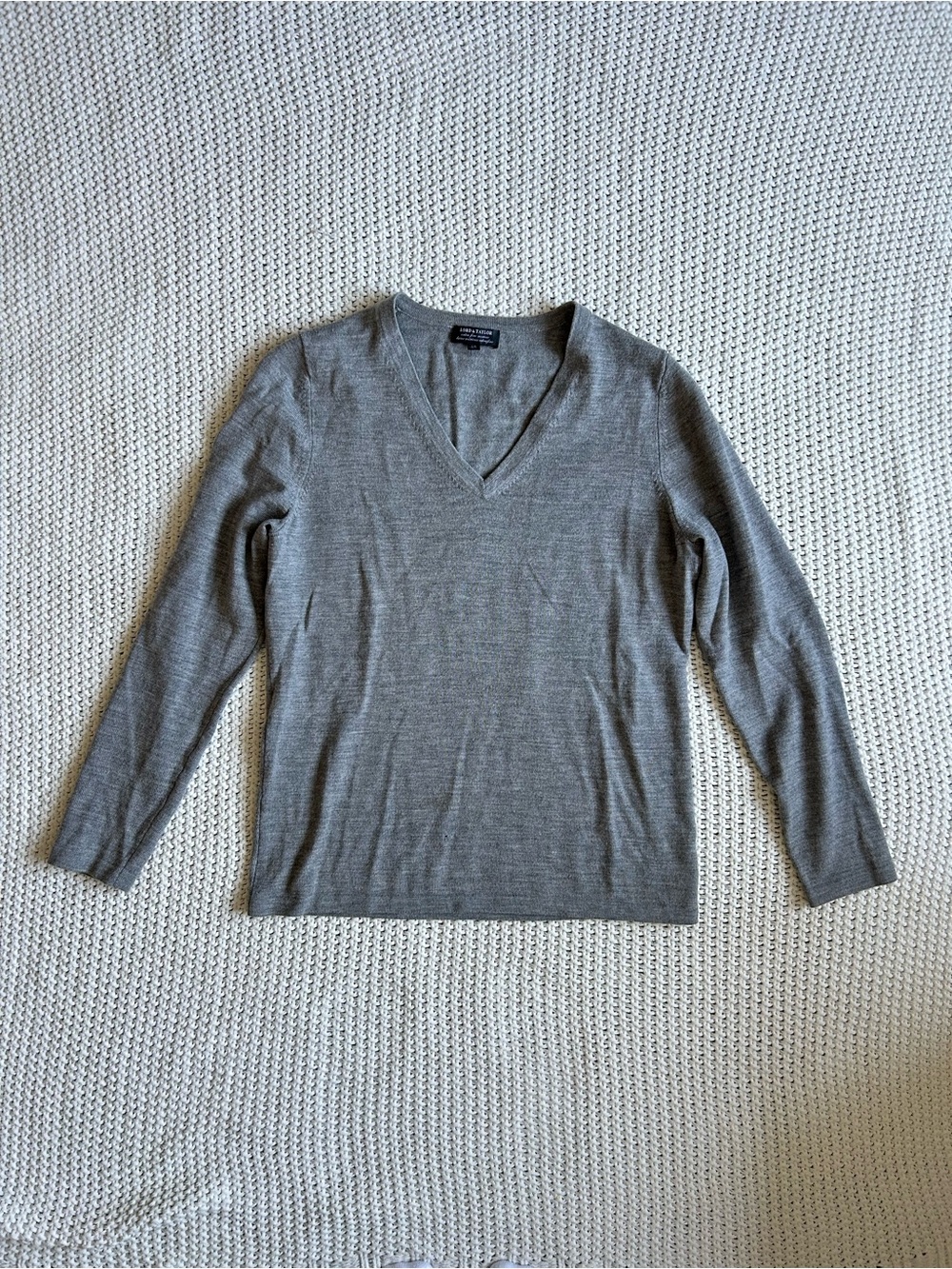 Lord & Taylor Grey V-Neck Merino Wool Sweater